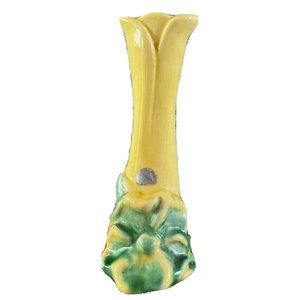 Vintage California Pottery Yellow and Green Flower Bud Vase, 5 3/4"